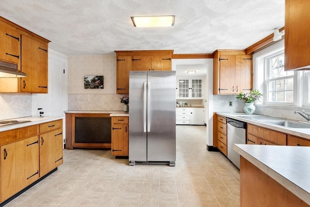 kitchen with light countertops, backsplash, appliances with stainless steel finishes, and a sink