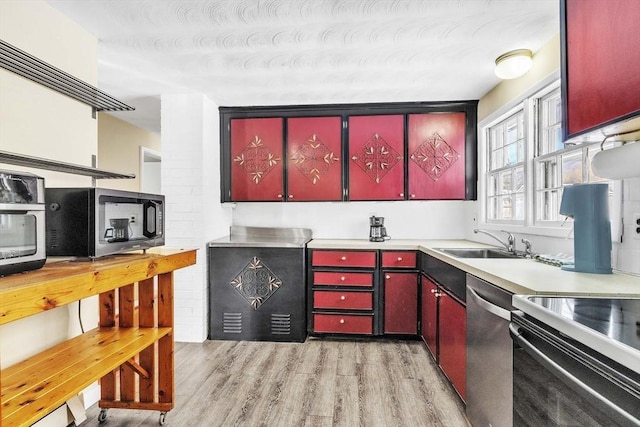 kitchen with dishwasher, sink, and light hardwood / wood-style floors