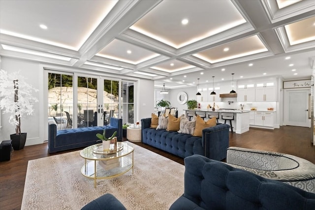 living room with dark hardwood / wood-style floors, beamed ceiling, and coffered ceiling