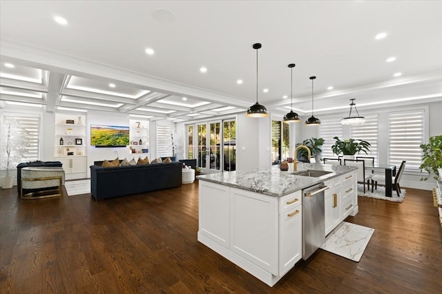 kitchen featuring white cabinets, dark hardwood / wood-style flooring, sink, and dishwasher