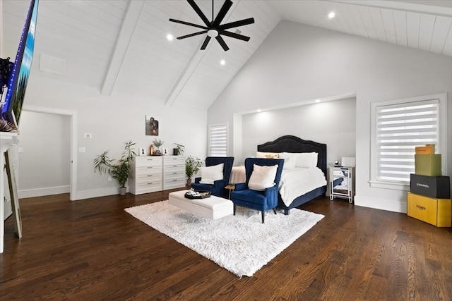 bedroom featuring wood ceiling, beam ceiling, high vaulted ceiling, and dark hardwood / wood-style flooring