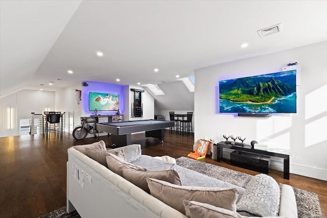 living room featuring vaulted ceiling, pool table, and dark hardwood / wood-style floors