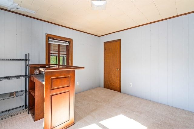 interior space featuring light carpet, crown molding, and wood walls