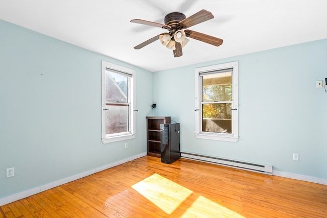 spare room featuring ceiling fan, light hardwood / wood-style flooring, and a baseboard radiator