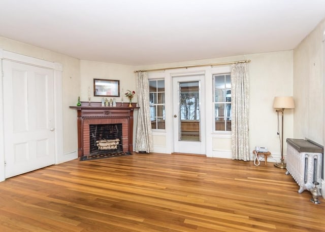 unfurnished living room featuring a fireplace and wood finished floors