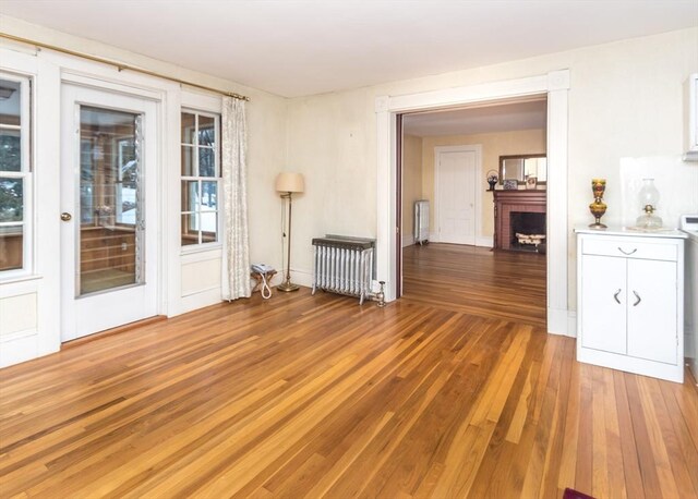unfurnished room with radiator heating unit, light wood-style floors, and a fireplace