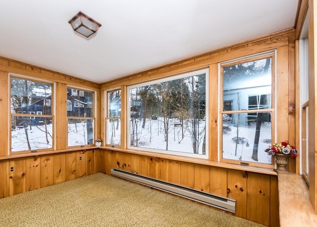 unfurnished sunroom with a baseboard radiator and a healthy amount of sunlight
