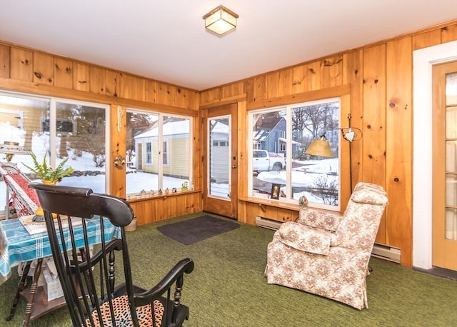sunroom / solarium with carpet floors, wood walls, and baseboard heating