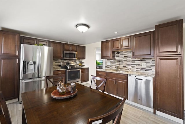 kitchen featuring backsplash, dark brown cabinetry, sink, and stainless steel appliances