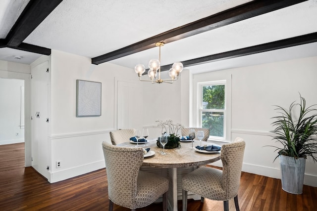 dining space with a textured ceiling, dark hardwood / wood-style flooring, beamed ceiling, and a notable chandelier