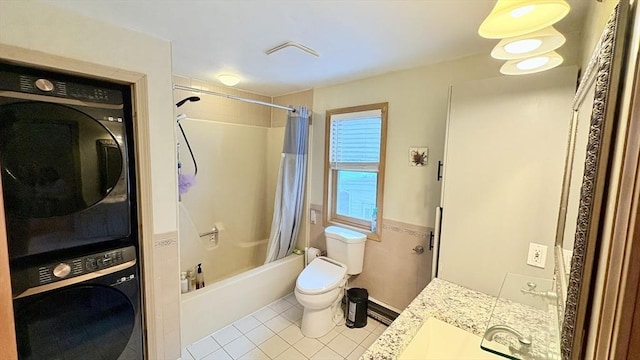 67 Amherst Rd Unit 67, South Hadley, MA 01075 - full bath with estacked washer and dryer, shower / bath combo, tile patterned flooring, and vanity