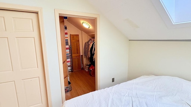 67 Amherst Rd Unit 67, South Hadley, MA 01075 - bedroom featuring lofted ceiling, a spacious closet, a closet, wood finished floors, and a skylight