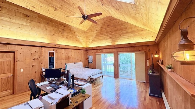 67 Amherst Rd Unit 67, South Hadley, MA 01075 - bedroom with wooden ceiling, wooden walls, access to exterior, high vaulted ceiling, and a desk