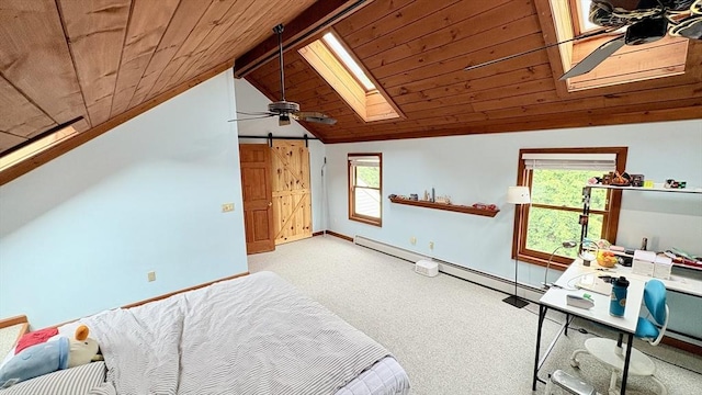 67 Amherst Rd Unit 67, South Hadley, MA 01075 - bedroom with light colored carpet, a skylight, lofted ceiling, wood ceiling, and a ceiling fan
