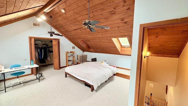 67 Amherst Rd Unit 67, South Hadley, MA 01075 - carpeted bedroom featuring wood ceiling, a skylight, a closet, ceiling fan, and a spacious closet