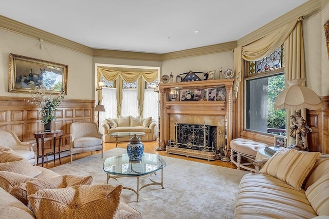 living room featuring crown molding