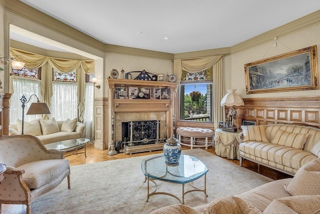 living room with crown molding and a wealth of natural light