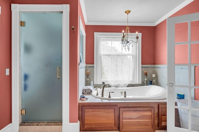 bathroom with tile patterned flooring, a notable chandelier, crown molding, and independent shower and bath