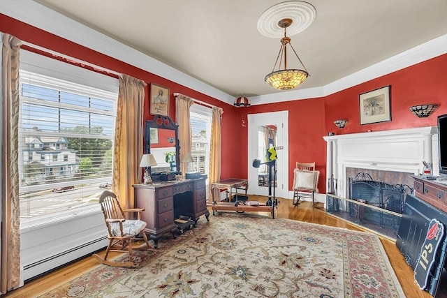 living area featuring wood-type flooring and a baseboard heating unit