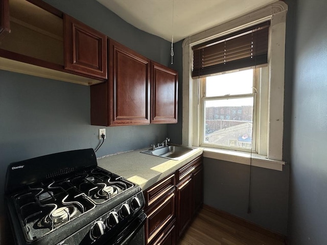 kitchen featuring dark wood-type flooring, sink, and black gas range