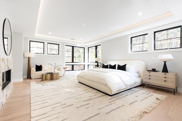 bedroom featuring light hardwood / wood-style floors, multiple windows, and a raised ceiling