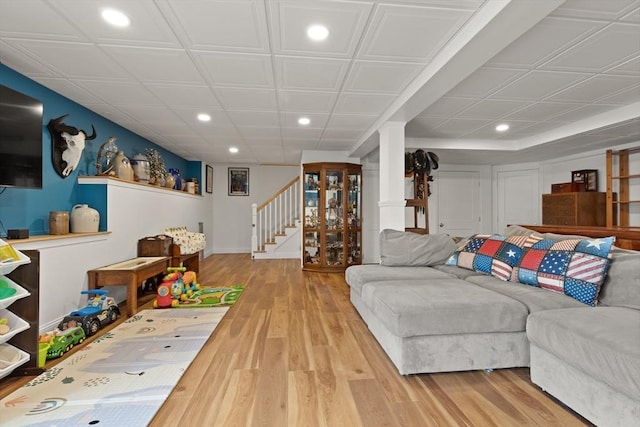 4 Curley Cir, Ayer, MA 01432 - living area featuring recessed lighting, baseboards, stairs, and wood finished floors