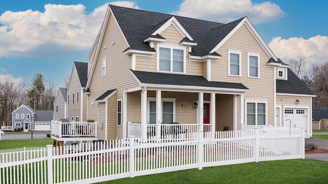4 Curley Cir, Ayer, MA 01432 - view of front of house with a garage, a front lawn, a shingled roof, a porch, and a fenced front yard