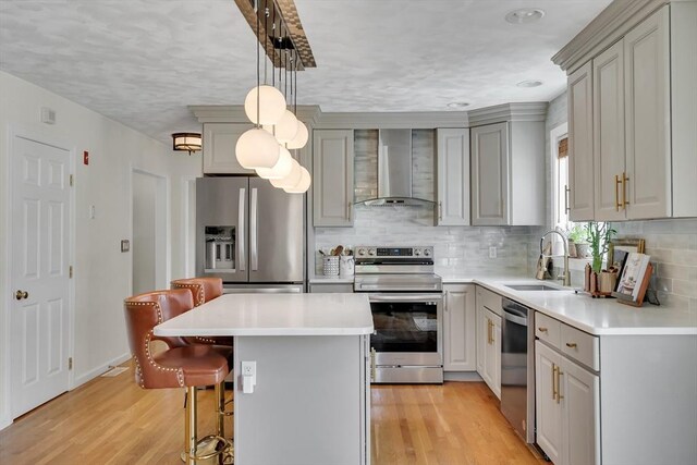 7 Sequoia Dr, Wilmington, MA 01887 - kitchen with appliances with stainless steel finishes, wall chimney range hood, a sink, a breakfast bar area, and tasteful backsplash