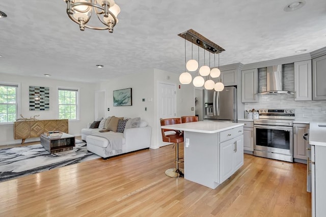 7 Sequoia Dr, Wilmington, MA 01887 - kitchen featuring stainless steel appliances, wall chimney range hood, and gray cabinetry