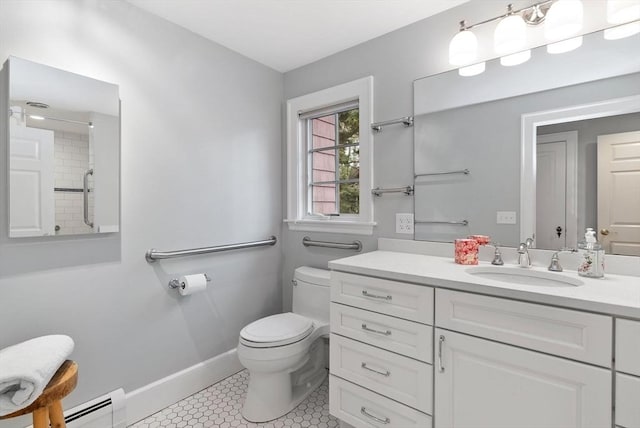 full bathroom featuring tile patterned flooring, a baseboard heating unit, baseboards, toilet, and vanity