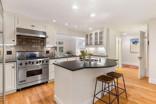 kitchen with under cabinet range hood, dark countertops, designer range, and a sink