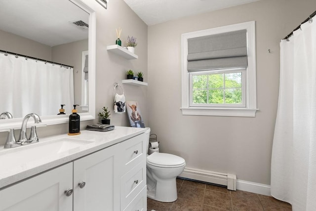 3 42nd St, Berkley, MA 02779 - full bath with a baseboard radiator, vanity, tile patterned floors, and a shower with shower curtain