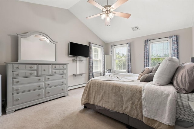 3 42nd St, Berkley, MA 02779 - bedroom with light colored carpet, a baseboard heating unit, vaulted ceiling, and ceiling fan