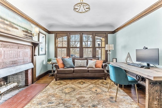 office featuring dark wood-style floors, ornamental molding, and baseboards