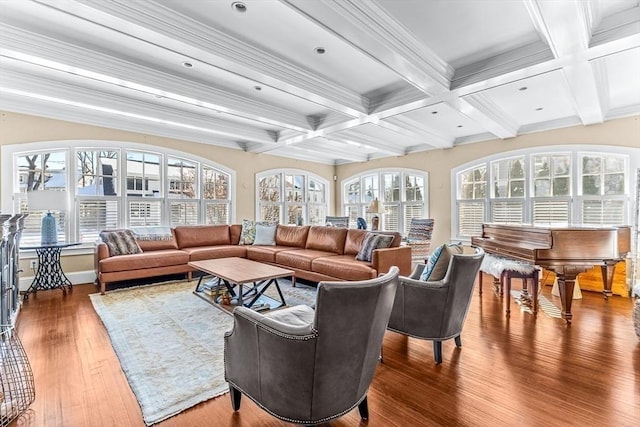 sunroom with beam ceiling and coffered ceiling