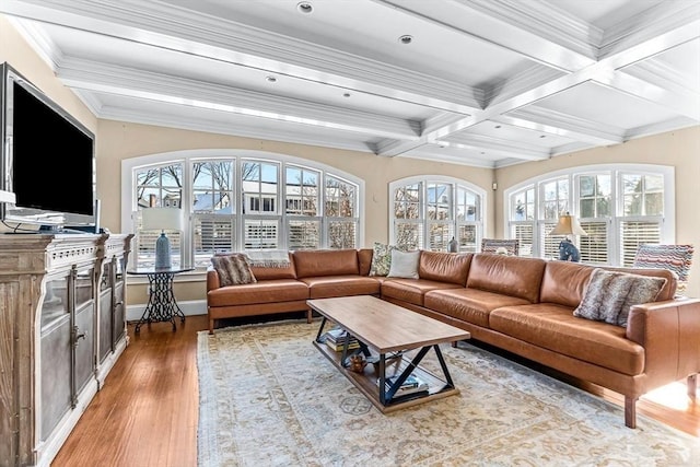 sunroom / solarium with coffered ceiling and beam ceiling