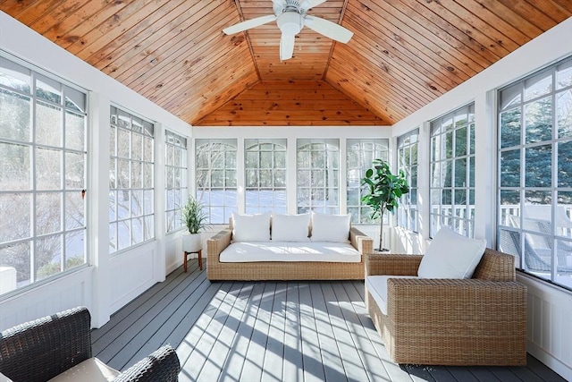 sunroom / solarium featuring wood ceiling, a wealth of natural light, ceiling fan, and vaulted ceiling