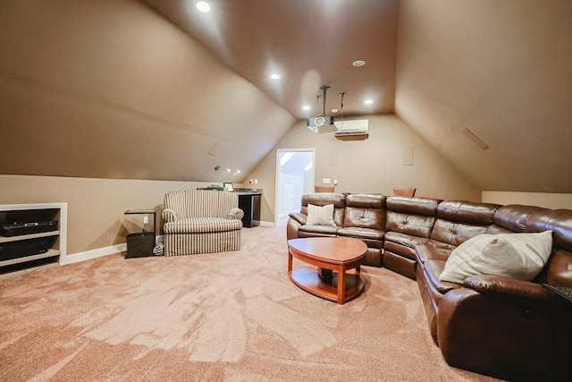 carpeted cinema room featuring lofted ceiling