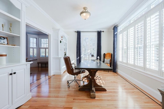 office featuring ornamental molding, built in features, and light hardwood / wood-style floors