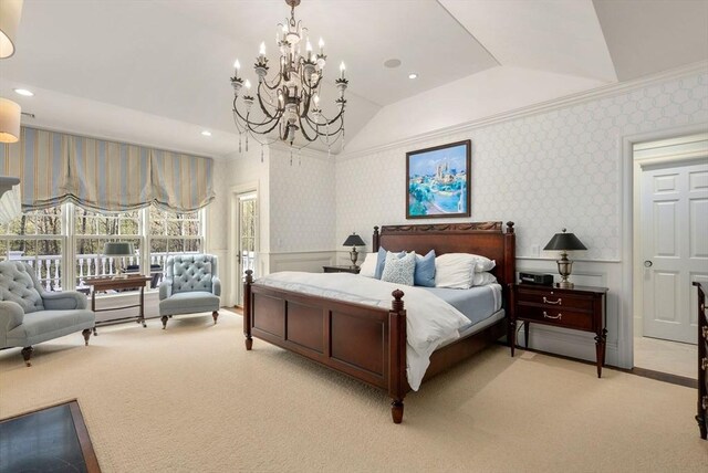 bedroom with crown molding, vaulted ceiling, and light colored carpet