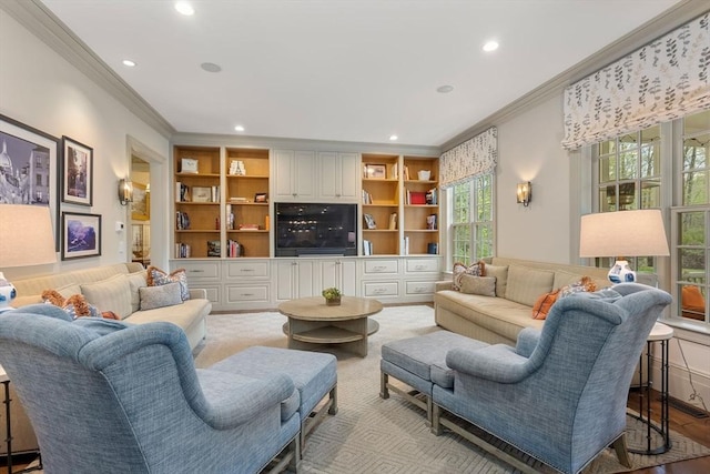 living room with ornamental molding and a healthy amount of sunlight