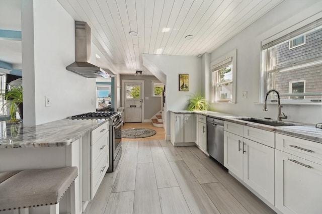 993 Shirley St, Winthrop, MA 02152 - kitchen with stainless steel appliances, island exhaust hood, a sink, wood ceiling, and light wood finished floors