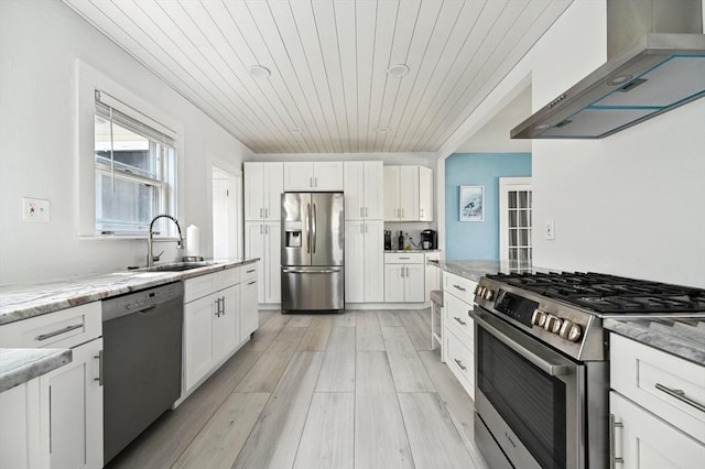 993 Shirley St, Winthrop, MA 02152 - kitchen featuring appliances with stainless steel finishes, a sink, wall chimney exhaust hood, wooden ceiling, and white cabinetry