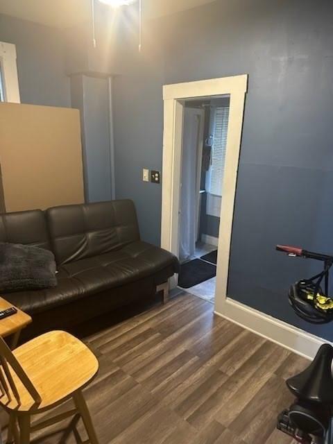 living room with dark hardwood / wood-style floors and ceiling fan