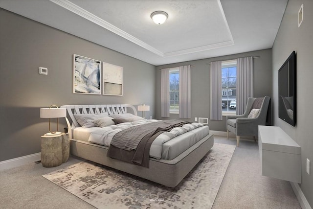 carpeted bedroom featuring a tray ceiling