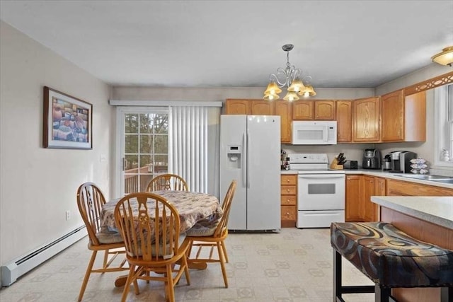 kitchen featuring sink, baseboard heating, a notable chandelier, pendant lighting, and white appliances