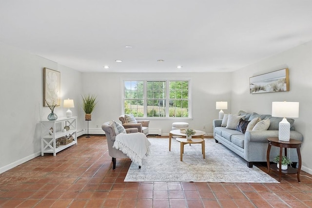 living room with tile patterned flooring, recessed lighting, and baseboards