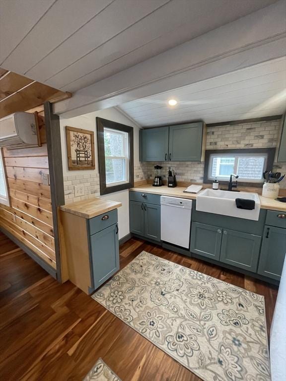 134 Kibbe Rd, Otis, MA 01029 - kitchen with a sink, dark wood-style floors, dishwasher, and a wall mounted AC