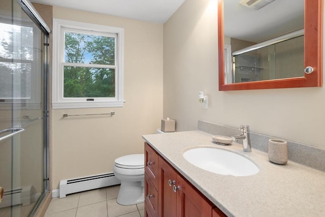 35 Faulkner Hill Rd, Acton, MA 01720 - bathroom featuring a baseboard radiator, tile patterned flooring, vanity, and an enclosed shower