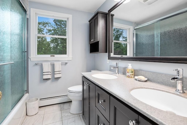 35 Faulkner Hill Rd, Acton, MA 01720 - full bath with a baseboard radiator, double vanity, marble finish floors, and bath / shower combo with glass door